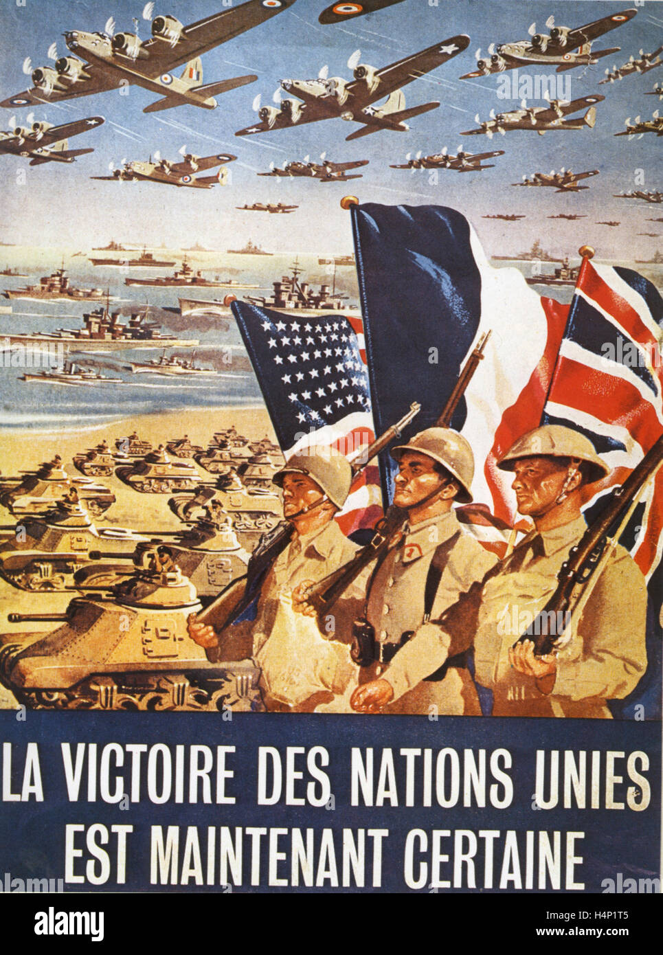 LA VICTOIRE des Nations Unies EST MAINTENANT CERTAINE lingua francese poster su 1945. La data esatta e l'artista sconosciuto Foto Stock