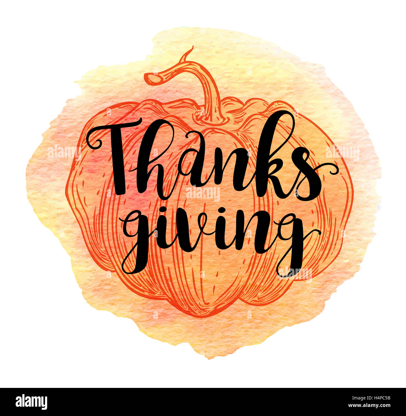 Acquerello su sfondo arancione con zucca e scritte. Biglietto di auguri per il giorno del Ringraziamento. Foto Stock