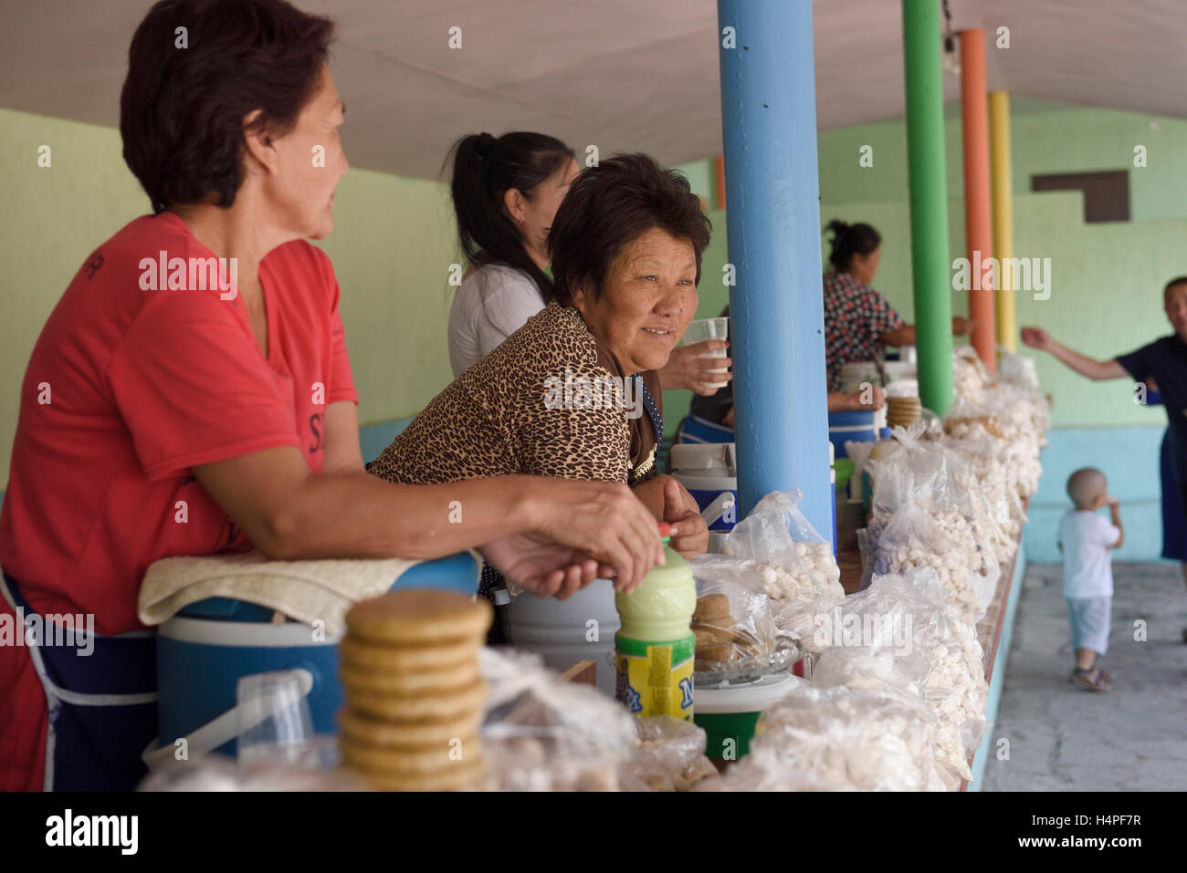Le donne vendono kumis e kurt palline di formaggio a lato strada sostare vicino Altyn Emel Park Kazakistan Foto Stock