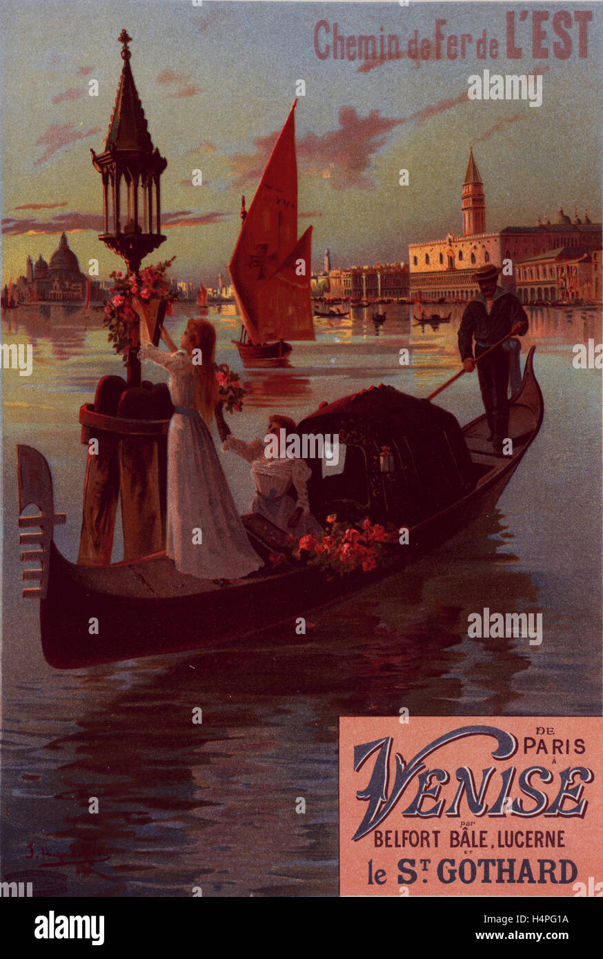 Poster per la Compagnie de l'Est : Venise. D'Alesi, F. Hugo (1849-1906), artista. Gondola a Venezia. Poster per la stazione ferroviaria Foto Stock