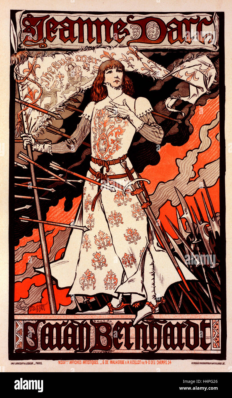 Poster per le Théâtre de la Renaissance. Giovanna d'arco, con Sarah Bernhardt (1844 -1923), teatro del Rinascimento, Jeanne d'Arc. Foto Stock
