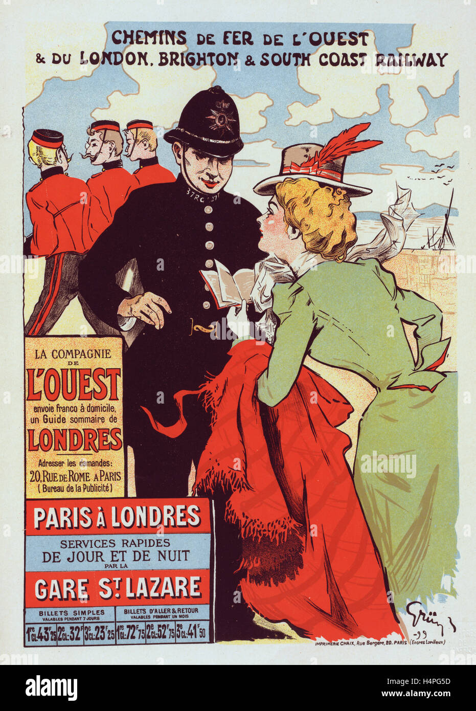 Poster per la Cie de l'Ouest, Paris-Londres, Parigi - Londra. Treni da Parigi a Londra per la compagnie chemin des fer Foto Stock