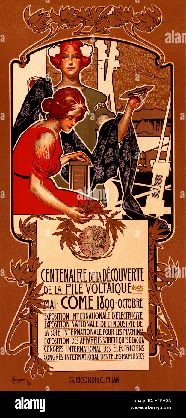 Poster italiano per Le Centenaire de la Découverte de la pila Voltaïque. Hohenstein, Adolf (1854-1928), artista Foto Stock