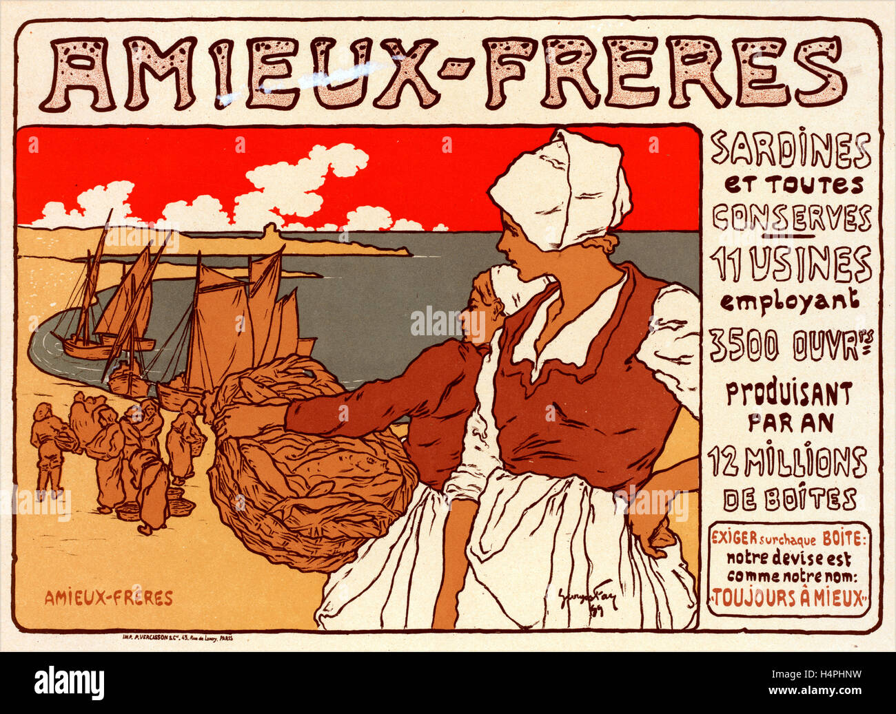 Poster per les sardine Amieux. Georges Fay, 1871 - 1916, pittore francese poster artist, litografo e designer. Foto Stock