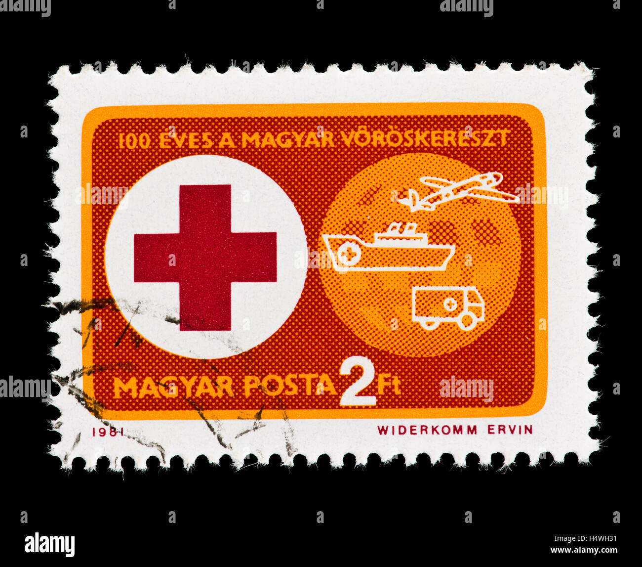 Francobollo da Ungheria raffigurante la Croce Rossa e i veicoli di ambulanza, centennial ungherese della Croce Rossa. Foto Stock