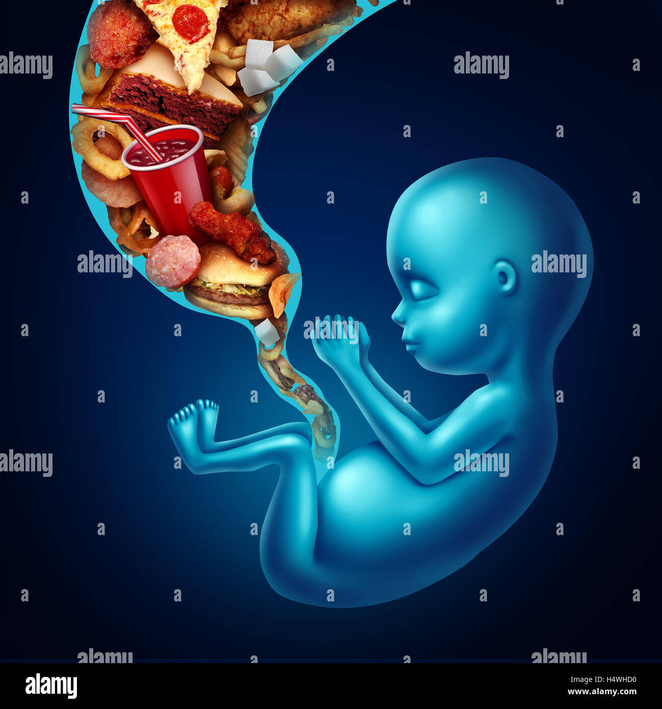 Gravidanza non integri la dieta di simbolo o mangiare cibo spazzatura come una maternità prenatale problema con un feto essendo alimentato con un gruppo di elevata Foto Stock
