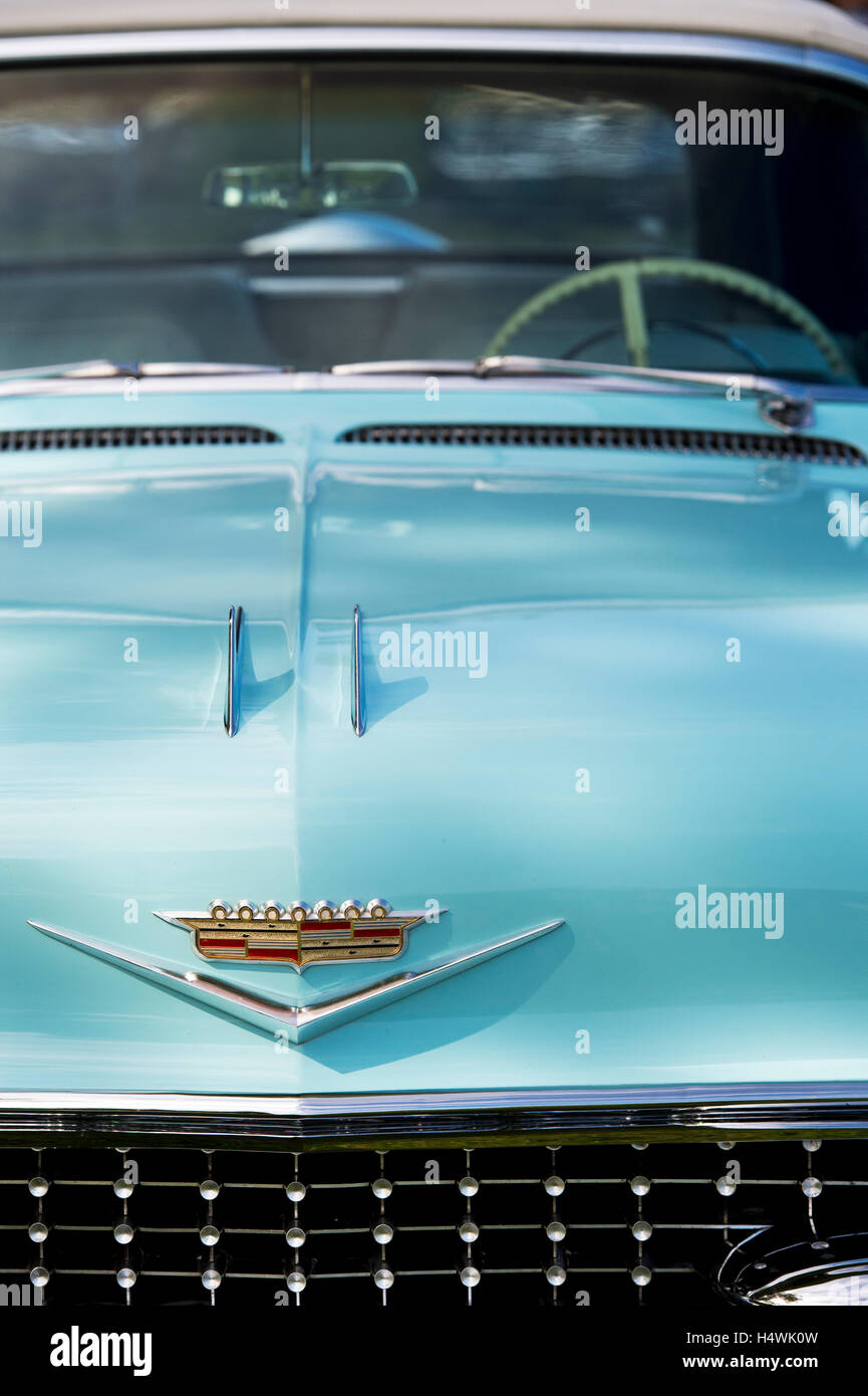 1958 Cadillac ornamento del cofano dettaglio. Classic American car Foto Stock