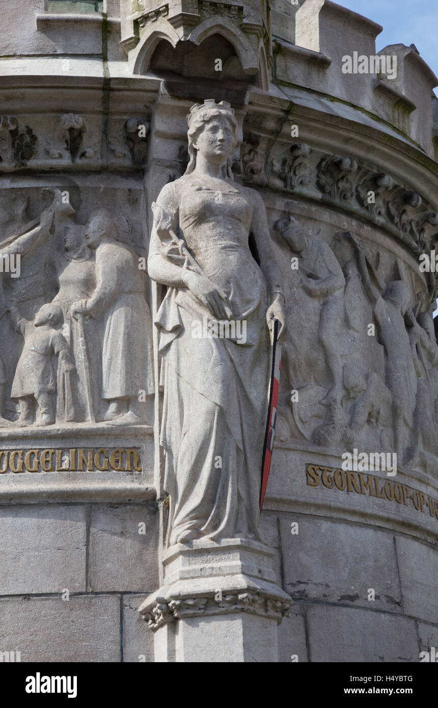 Dettagli sul Jan Breydel e Pieter De Coninck monumento su Markt, Bruges, Belgio Foto Stock