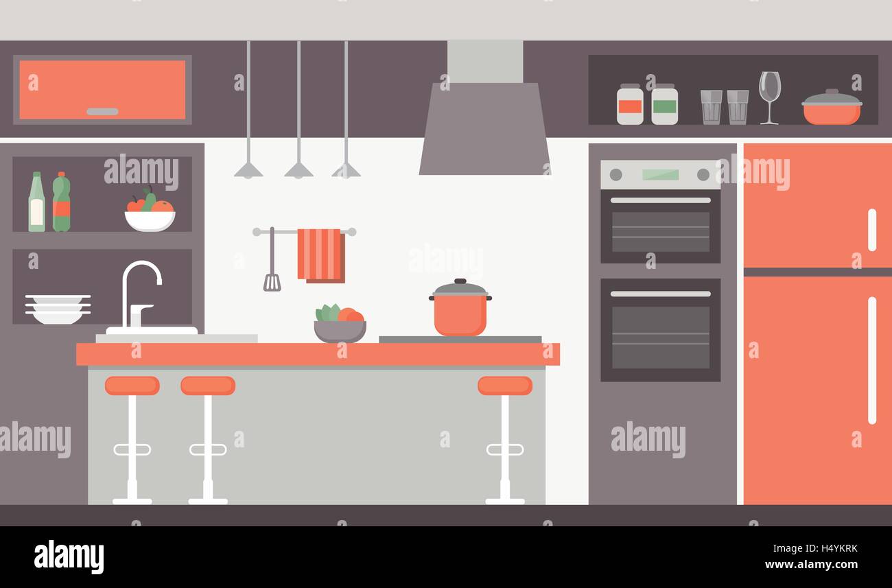 Cucina moderna con interni con mobili di design e di apparecchi Illustrazione Vettoriale