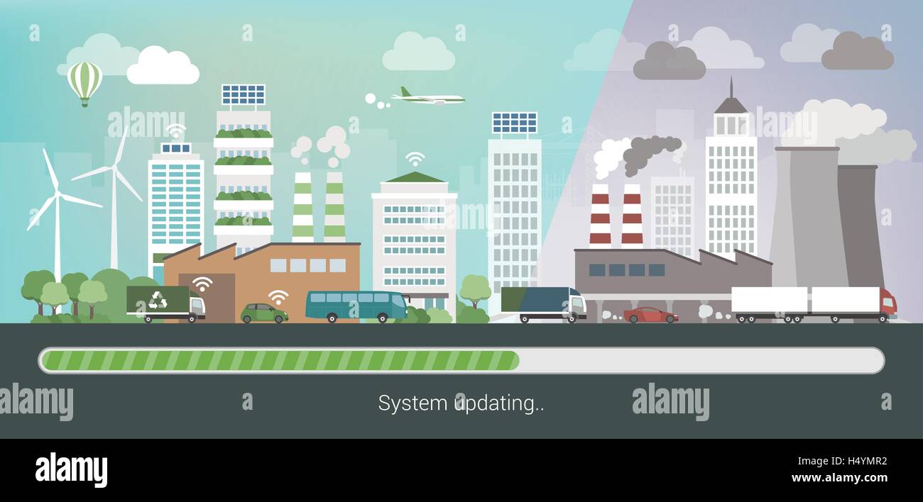 Città inquinate modifica e aggiornamento in un innovativo pulite città eco, cura ambientale e sostenibilità convept Illustrazione Vettoriale