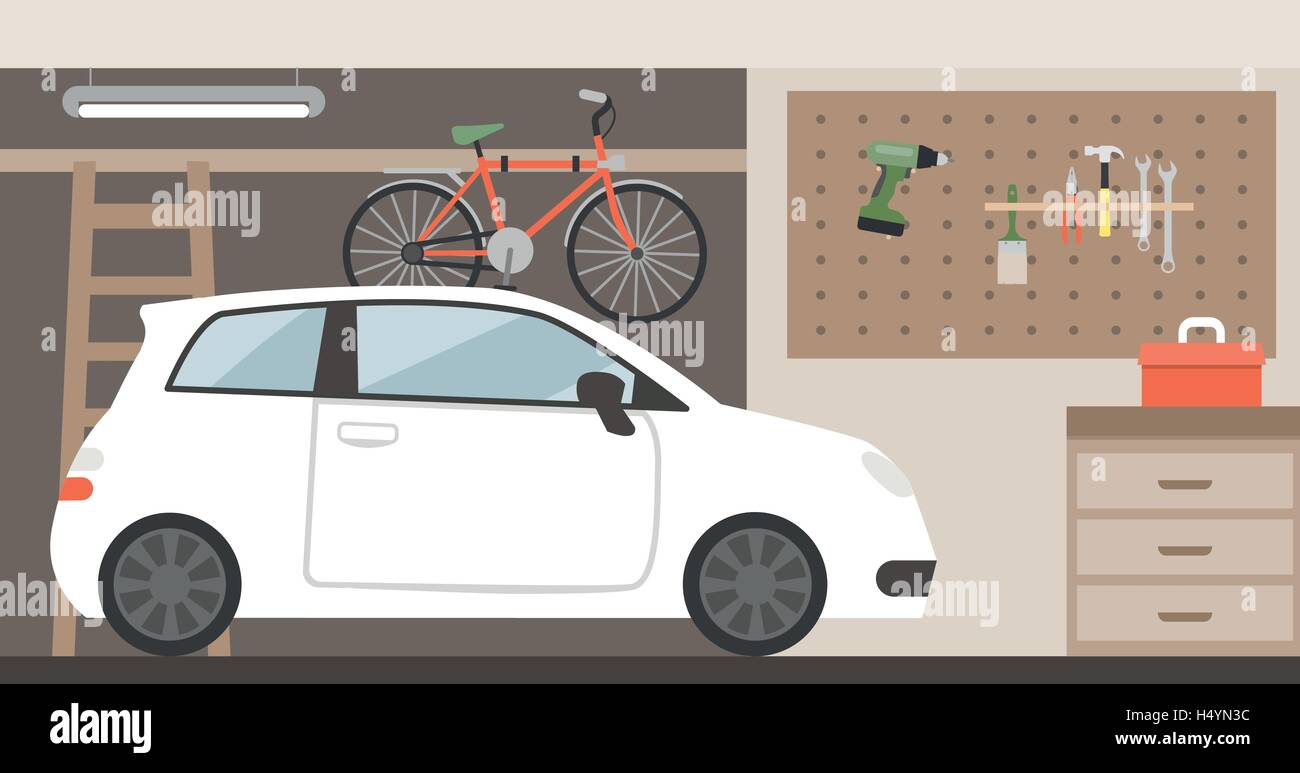 Home garage con auto, bici e strumenti appesi al muro Illustrazione Vettoriale