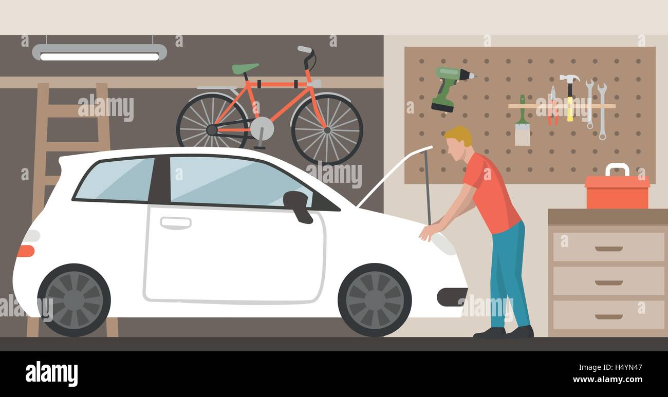 Home garage con auto, bici e strumenti appesi al muro, un uomo è riparare la vettura Illustrazione Vettoriale
