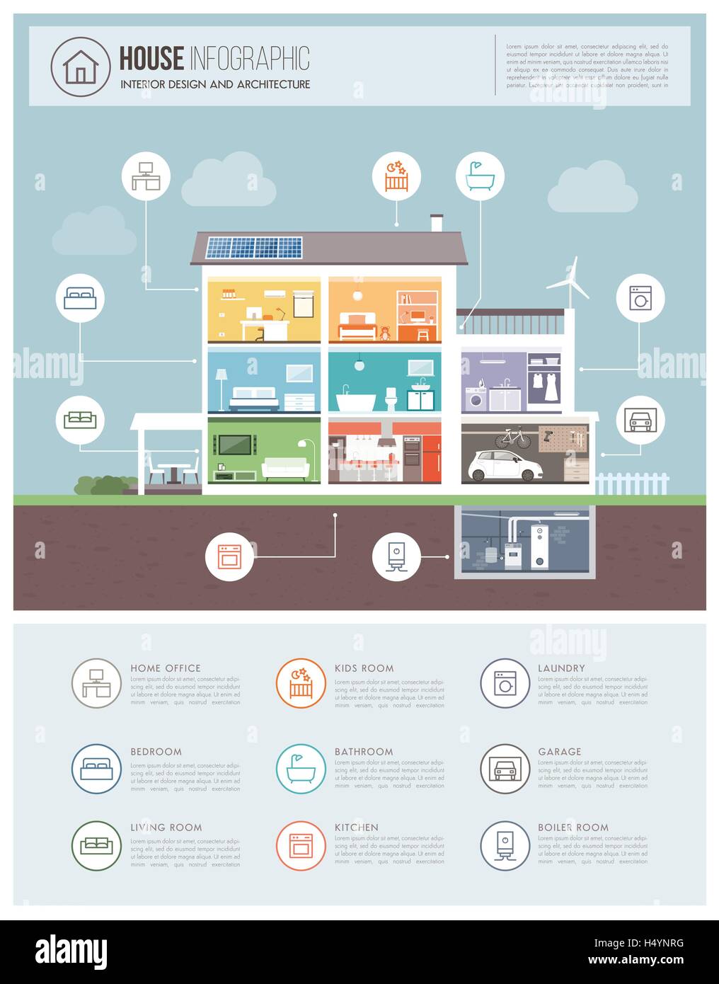 Casa moderna sezione trasversale con camere e set di icone, architettura e costruzione di concetto Illustrazione Vettoriale