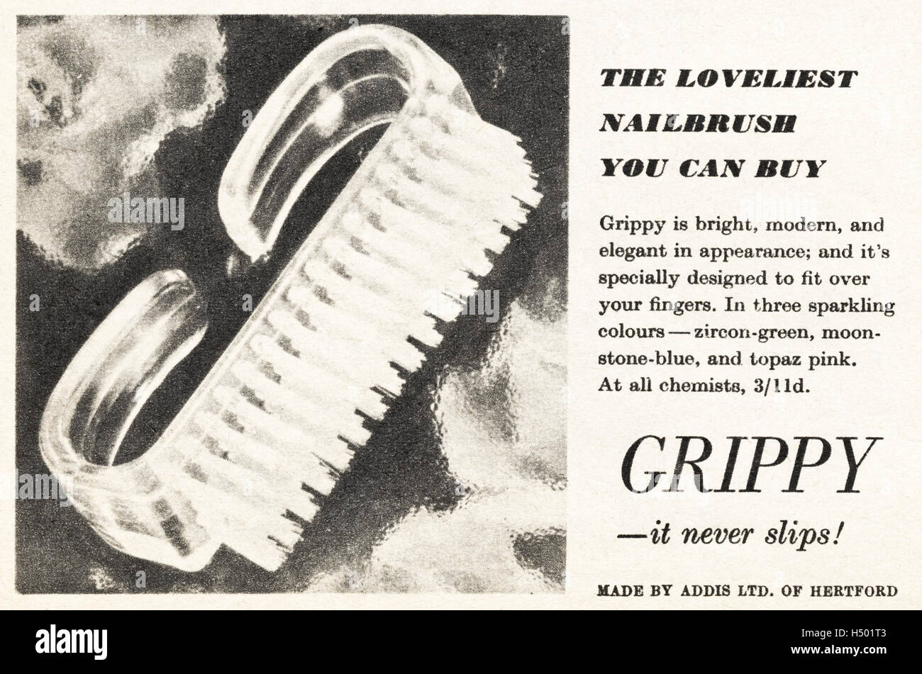 Anni Cinquanta spot pubblicitari originali dalla vecchia rivista vintage datato 1952 pubblicità per Grippy nailbrush da Addis Abeba Foto Stock