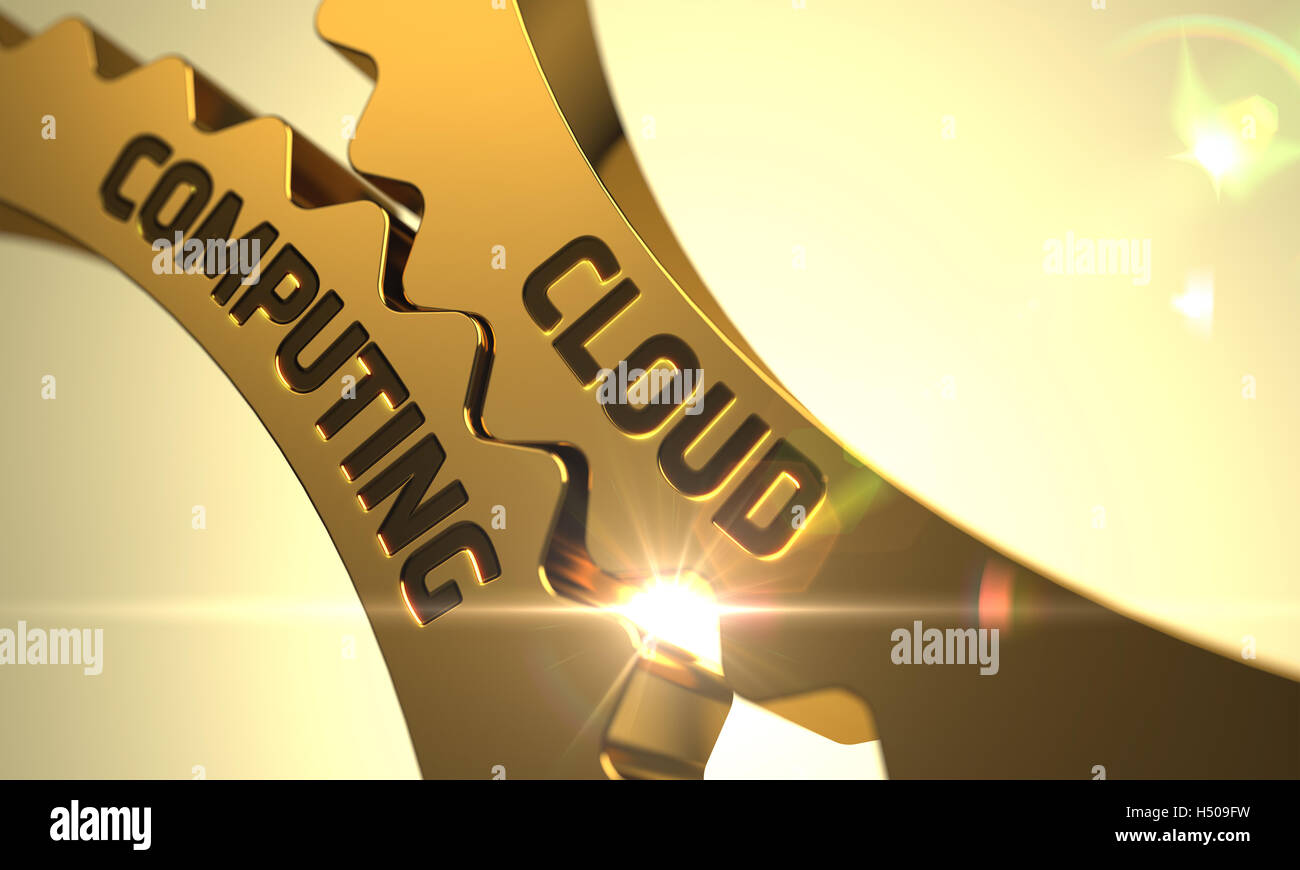 Il Cloud Computing su ruote dentate d'oro. 3D. Foto Stock