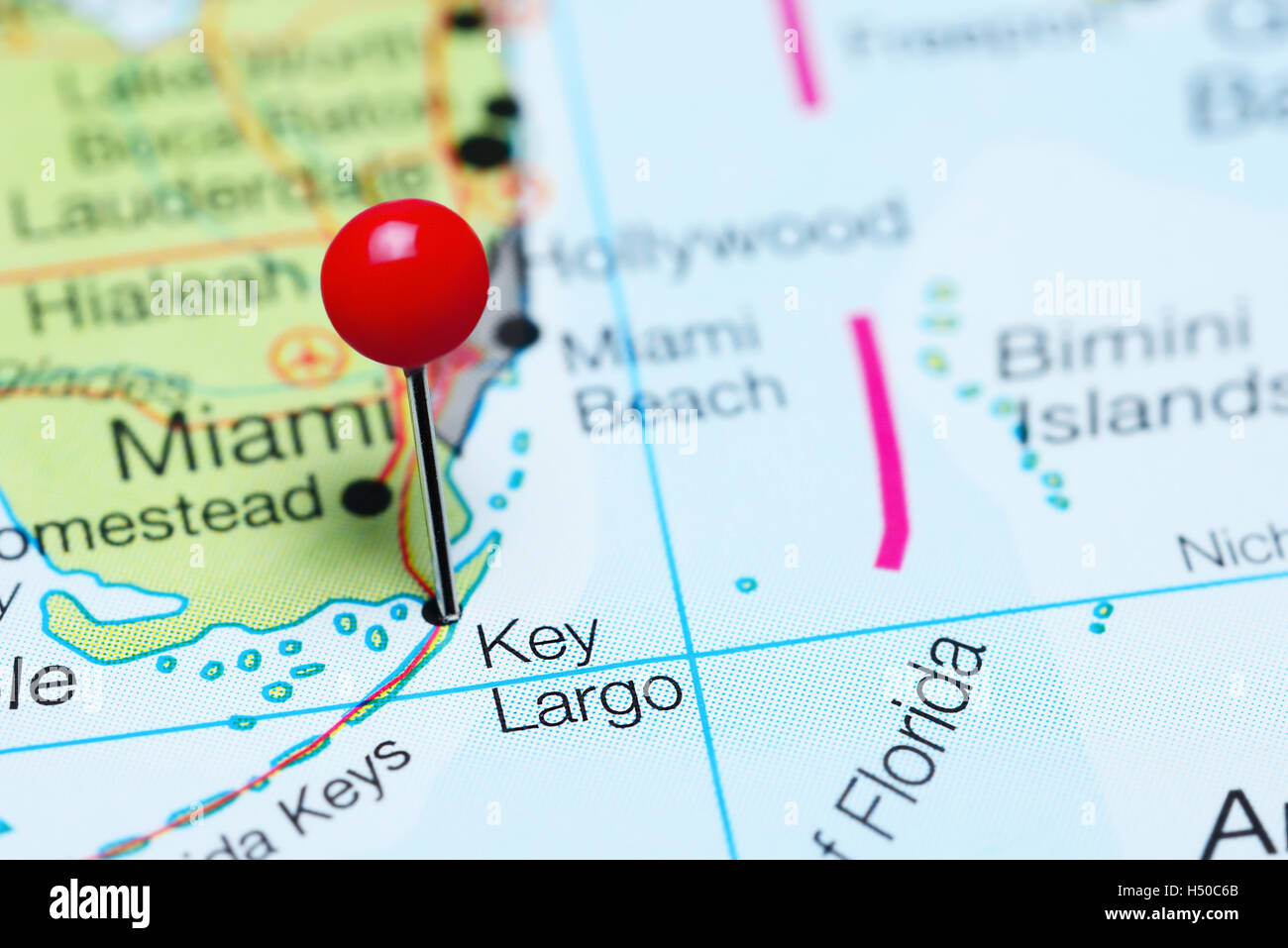 Key Largo imperniata su una mappa della Florida, Stati Uniti d'America Foto Stock