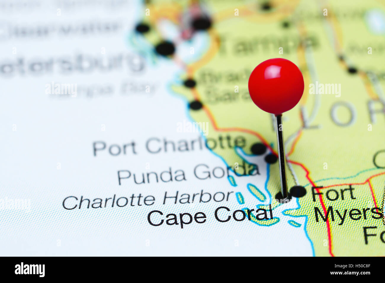 Cape Coral imperniata su una mappa della Florida, Stati Uniti d'America Foto Stock