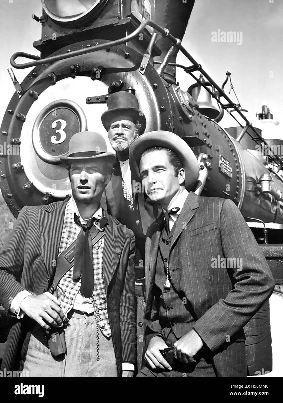 RAWHIDE CBS serie TV 1959-1966. Da sinistra: Clint Eastwood, Paul Brinegar, Eric Fleming nel 1959 Foto Stock
