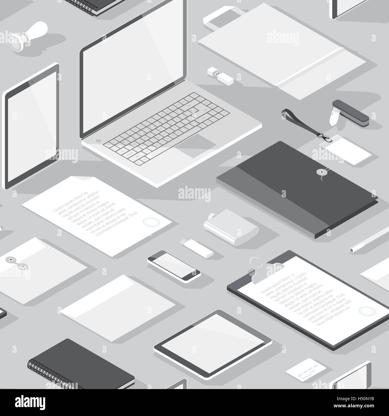 Perfetta configurazione di sfondo per il business. Stationery Office gli oggetti e le periferiche del computer. Foto Stock