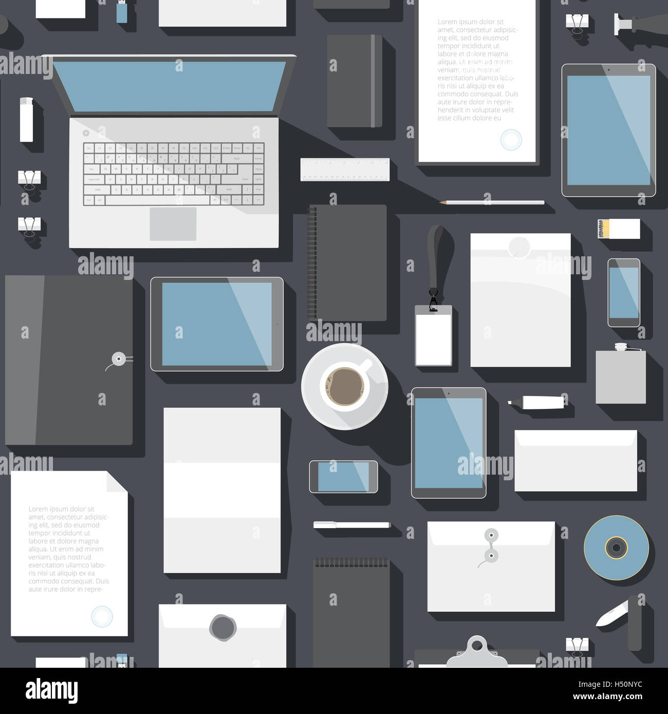 Perfetta configurazione di sfondo per il business. Stationery Office gli oggetti e le periferiche del computer. Foto Stock