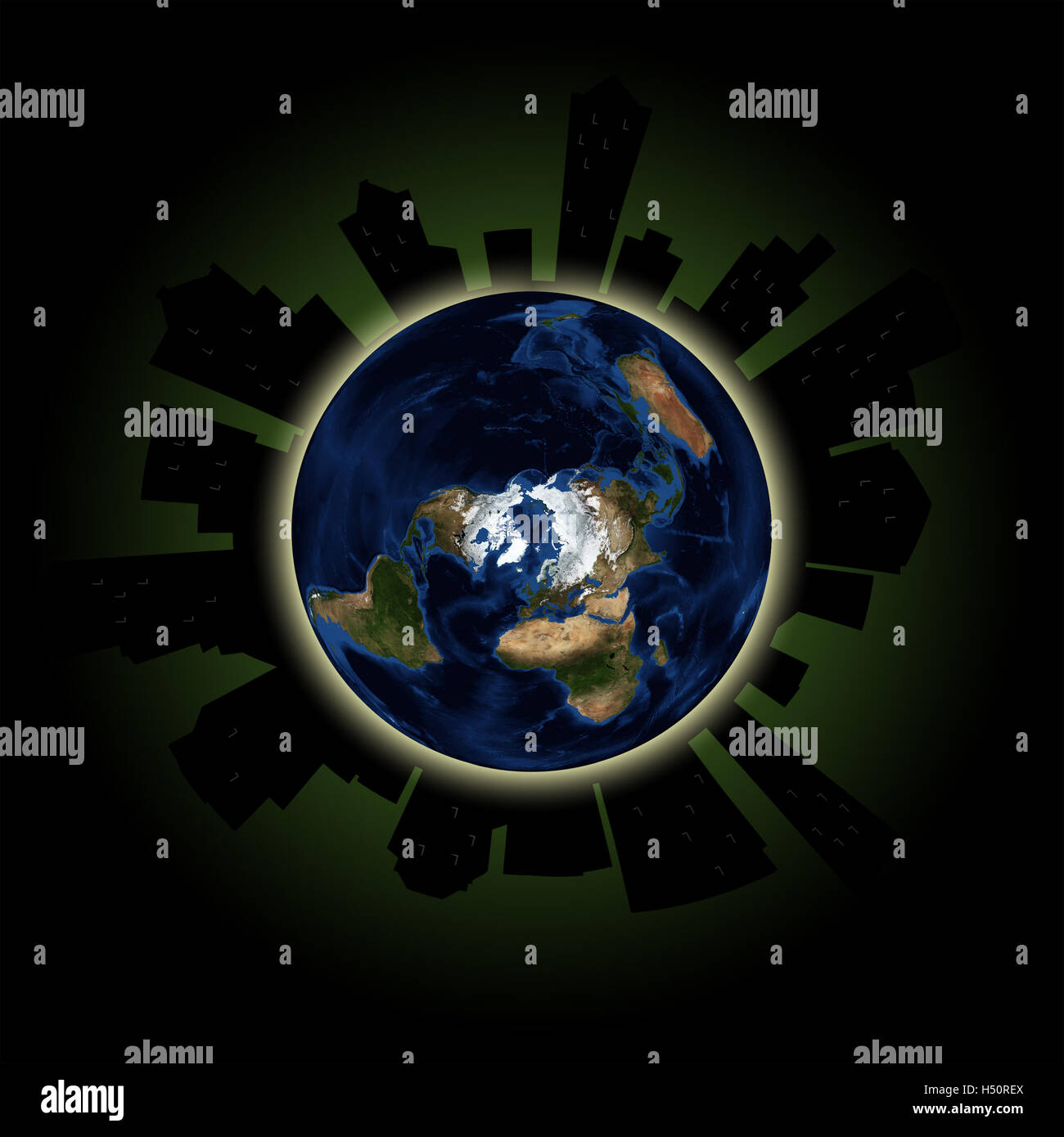 La silhouette della città sul pianeta terra, con finestre inattive raffiguranti annuali globali di Lights Out evento in Marzo Foto Stock