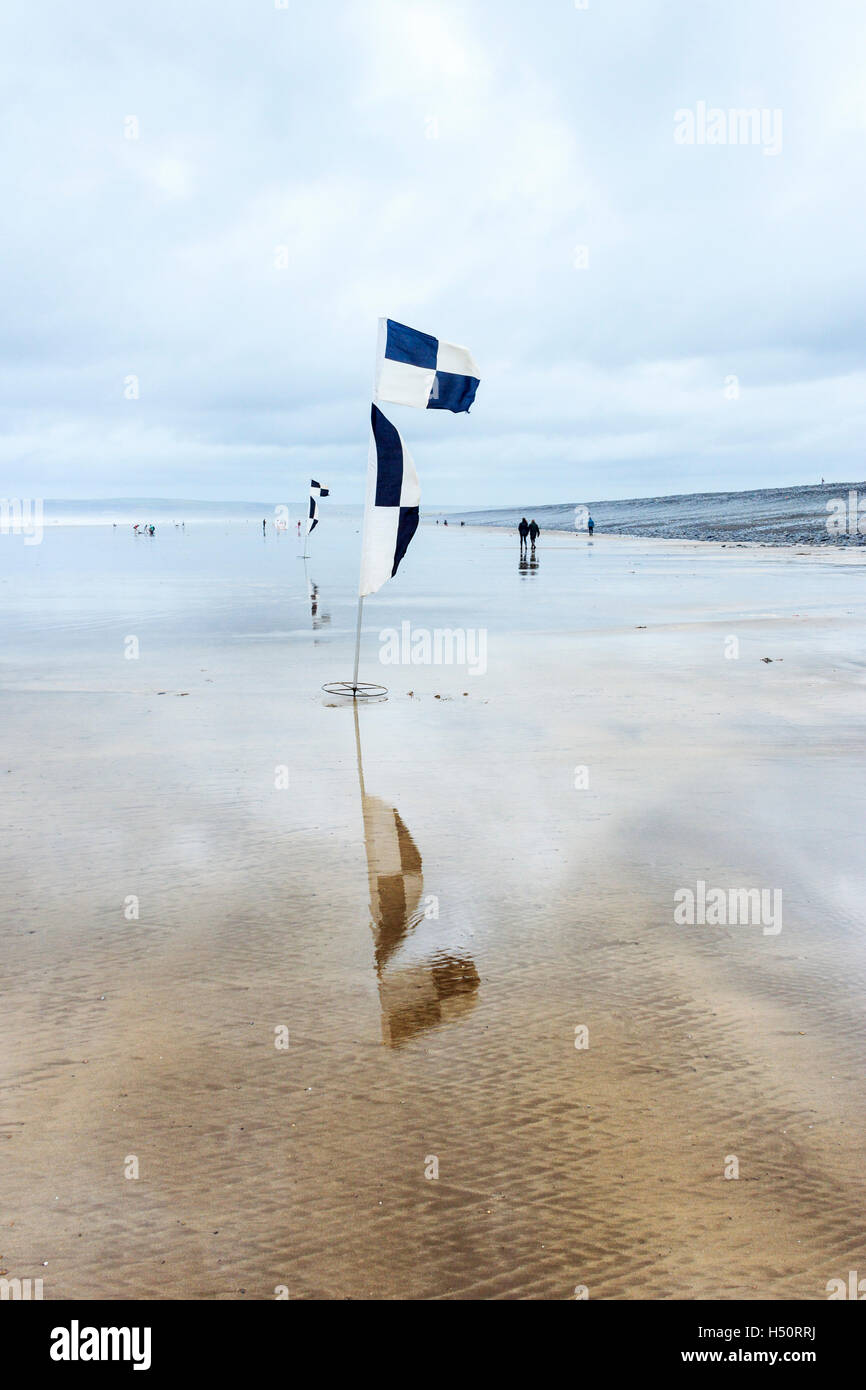 Bianco e nero check flag marcatore sulla spiaggia spazzate dal vento a Condino, Devon, Inghilterra, Regno Unito Foto Stock