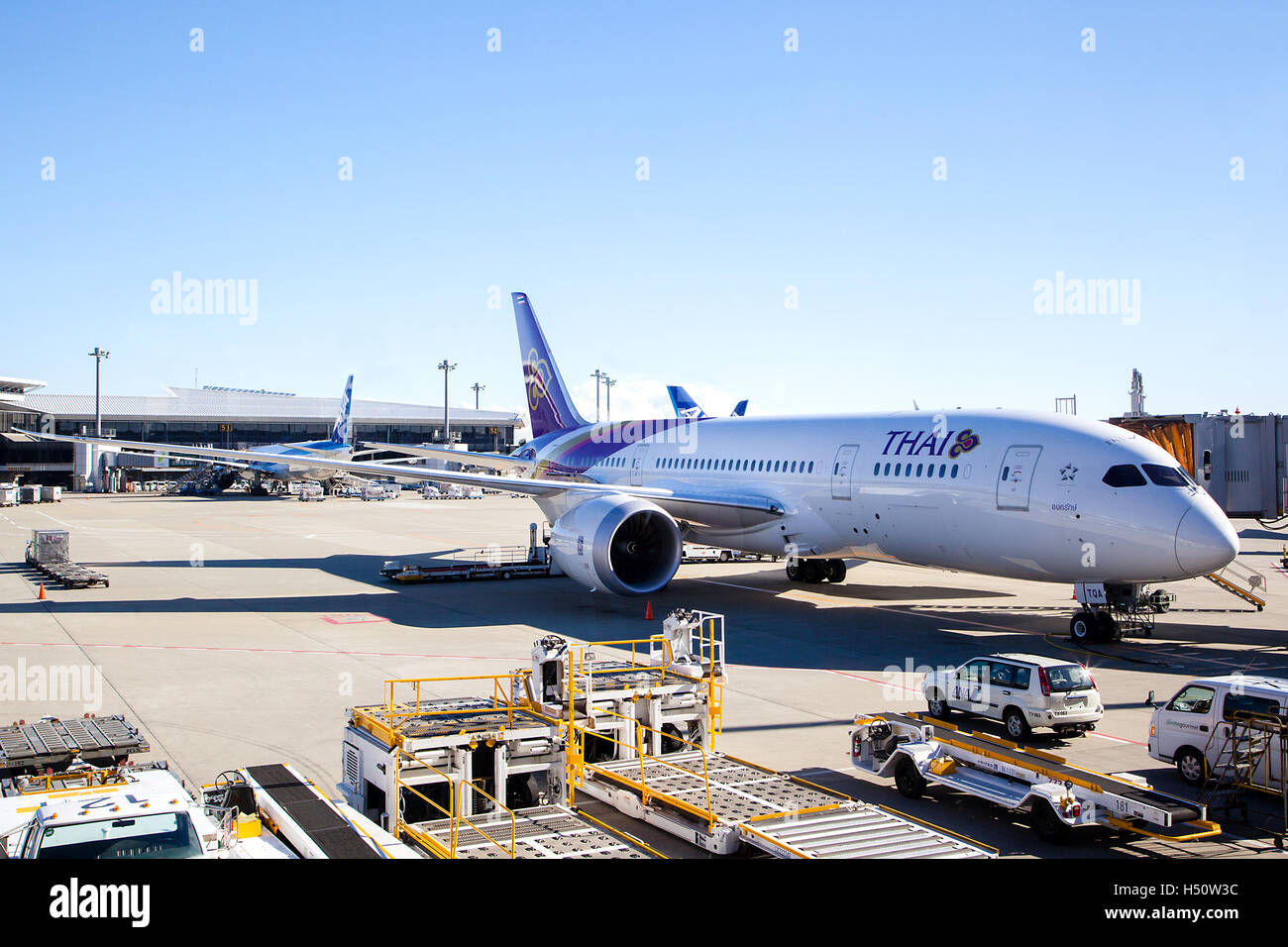 Tokyo, Giappone - 5 dicembre; 2014: un Thai Airways piano sottoposto a interventi di manutenzione sull'asfalto dell'aeroporto Narita di Tokyo. Foto Stock