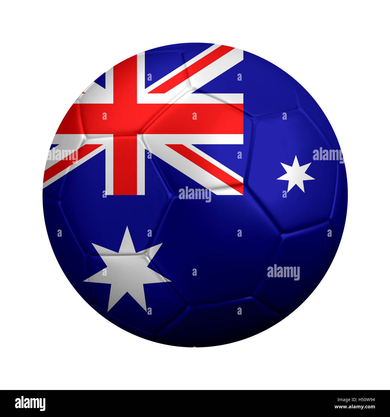 3D rendering dell'Australia bandiera sul pallone da calcio. Isolato su bianco. Foto Stock