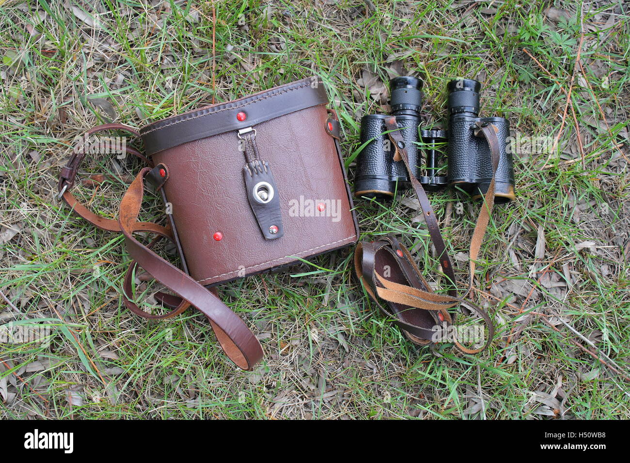 Vecchio paio di binocolo con il coperchio sull'erba Foto Stock