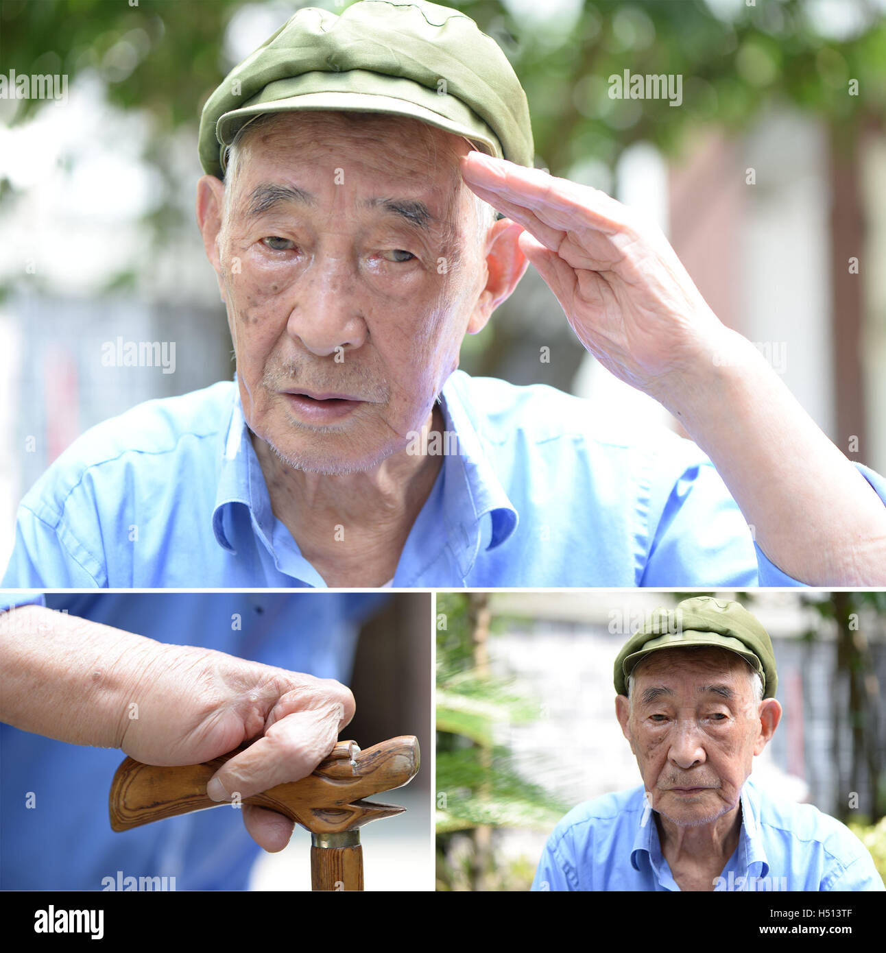 (161019) -- PECHINO, Ott. 19, 2016 (Xinhua) -- COMBINAZIONE foto scattata su agosto 22, 2016 mostra Li Guang, un 97-anno-vecchio esercito rosso veterano, rendendo un saluto militare (superiore) e i suoi feriti sinistro (L) inferiore e il suo ritratto (R, inferiore). Quest anno segna l'ottantesimo anniversario della fine dell'Armata Rossa la lunga di marzo, che è iniziato da ottobre 1934 a ottobre 1936. Durante il lungo periodo di marzo, l'esercito rosso, il Forerunner dell Esercito di Liberazione del Popolo (PLA), effettuata una audace manovra militare che ha gettato le basi per la eventuale vittoria del Partito Comunista della Cina (CPC). L Armata Rossa marzo Foto Stock