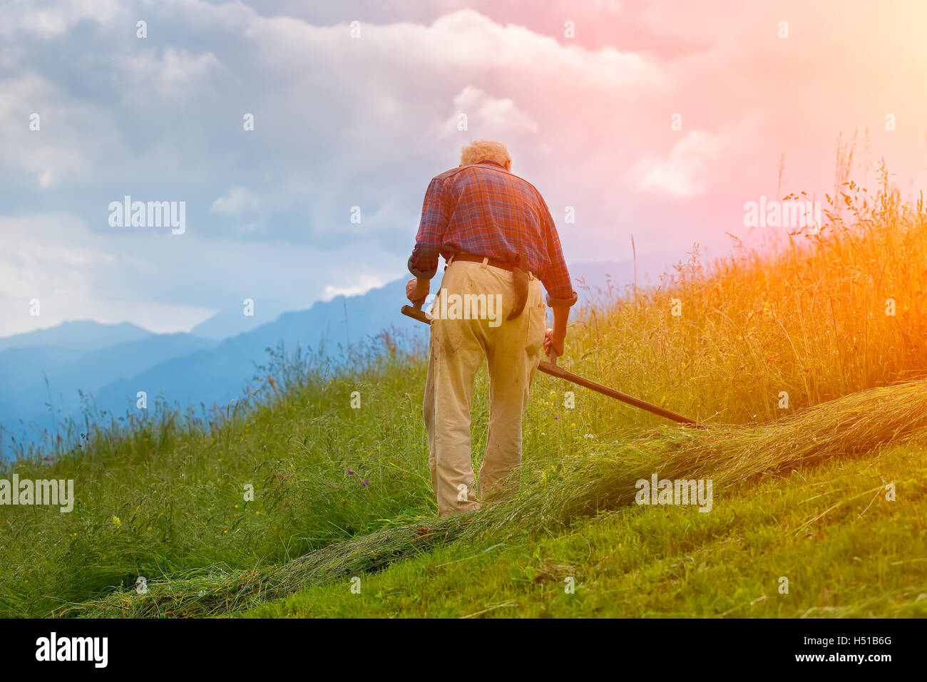 Tosaerba agricoltore per fieno a mano sulle Prealpi italiane Foto Stock