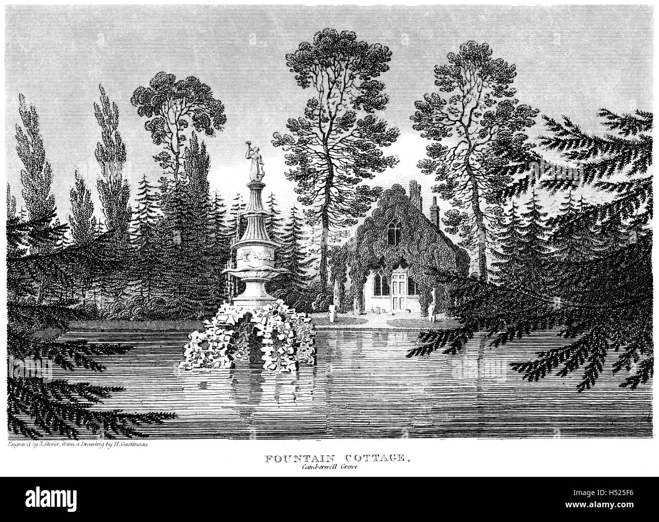 Un'incisione di Fountain Cottage, Camberwell, Surrey scansionata ad alta risoluzione da un libro stampato nel 1812. Creduto libero da copyright. Foto Stock