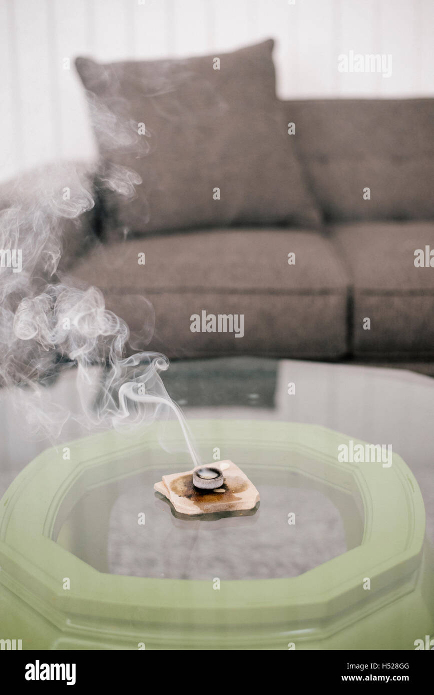 Vista interna di un soggiorno, divano grigio e bruciatore di incenso su un tavolo da caffè. Foto Stock