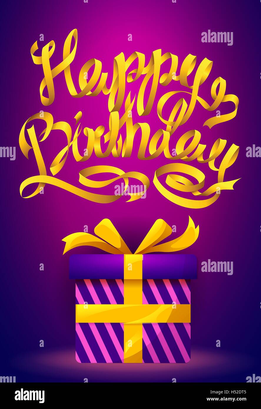 Buon compleanno poster - nastro color oro scritte e confezione regalo su sfondo viola. Illustrazione Vettoriale