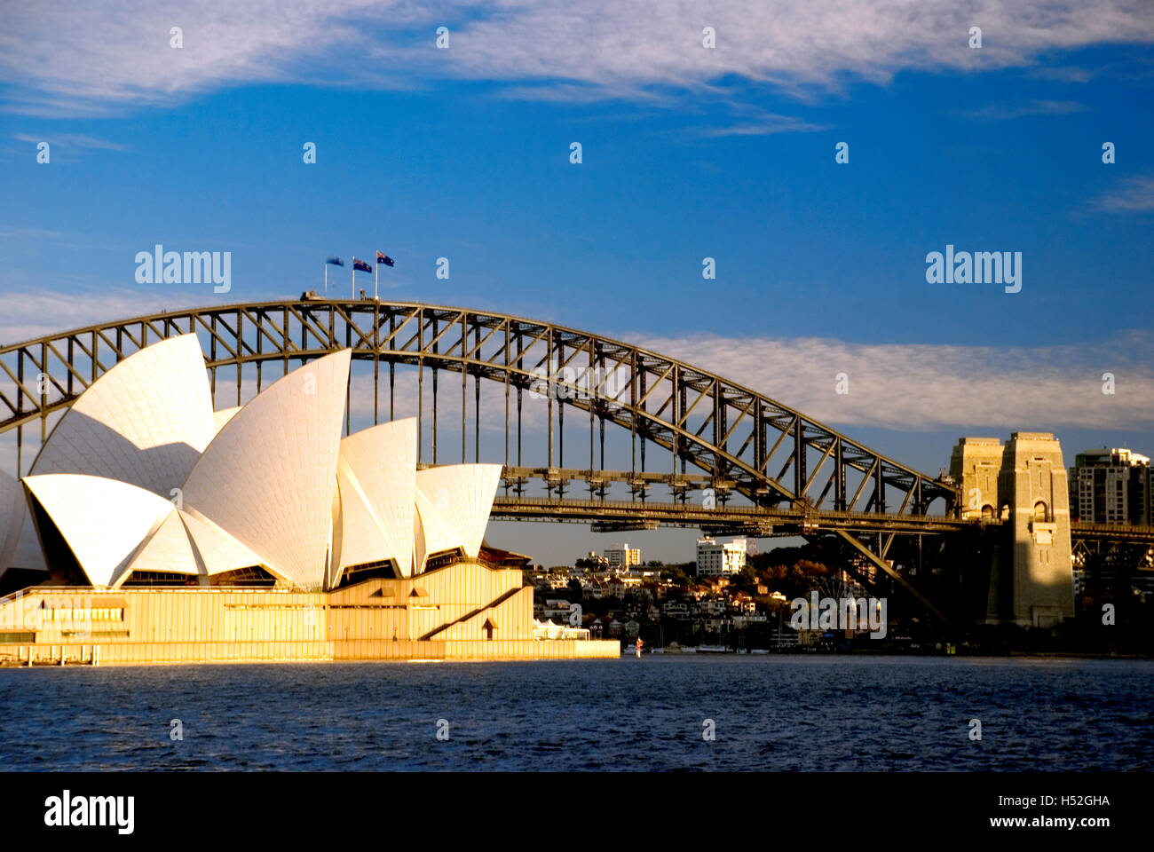 Australia, Sydney Opera House e Harbour Bridge dalla sig.ra Macquarie del punto Foto Stock