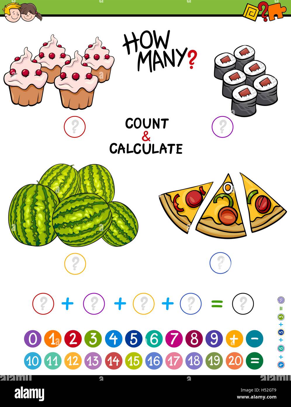 Cartoon illustrazione di educativo conteggio matematico e aggiunta attività per bambini in età prescolare Illustrazione Vettoriale