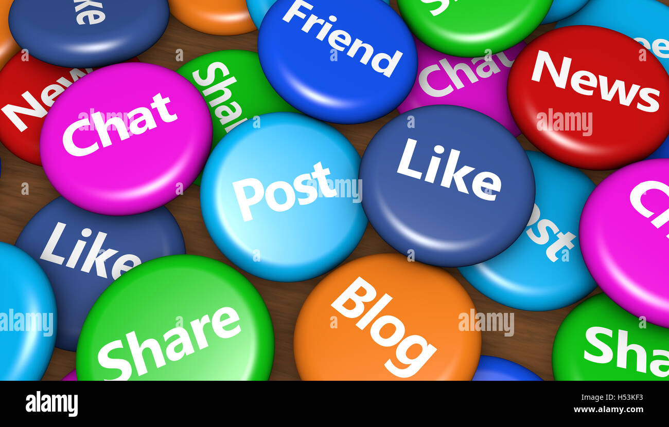 Social media e rete il concetto di sfondo con segni sul badge colorati. Foto Stock