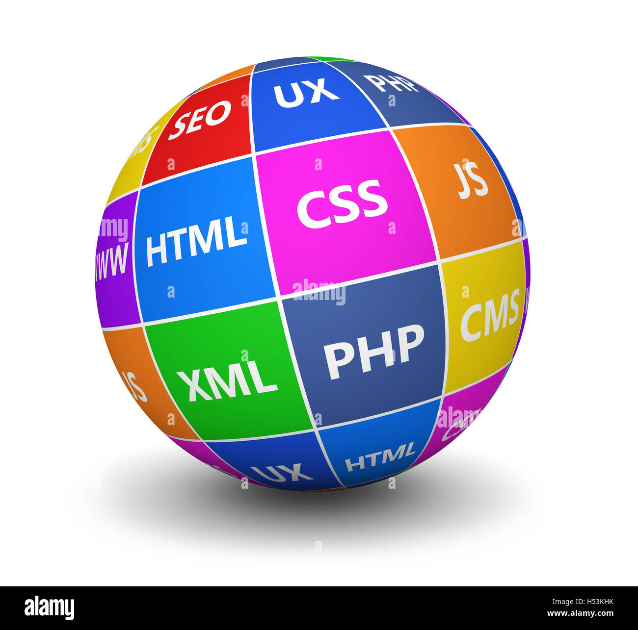 Web design e sviluppo di contenuti digitali multimediali concetto con linguaggi di programmazione firmare in un colorato mondo. Foto Stock