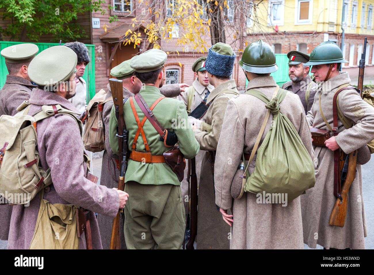 Rievocazione storica le azioni armate della legione cecoslovacca nella Guerra Civile Russa contro autorità bolscevico nel 1918 Foto Stock