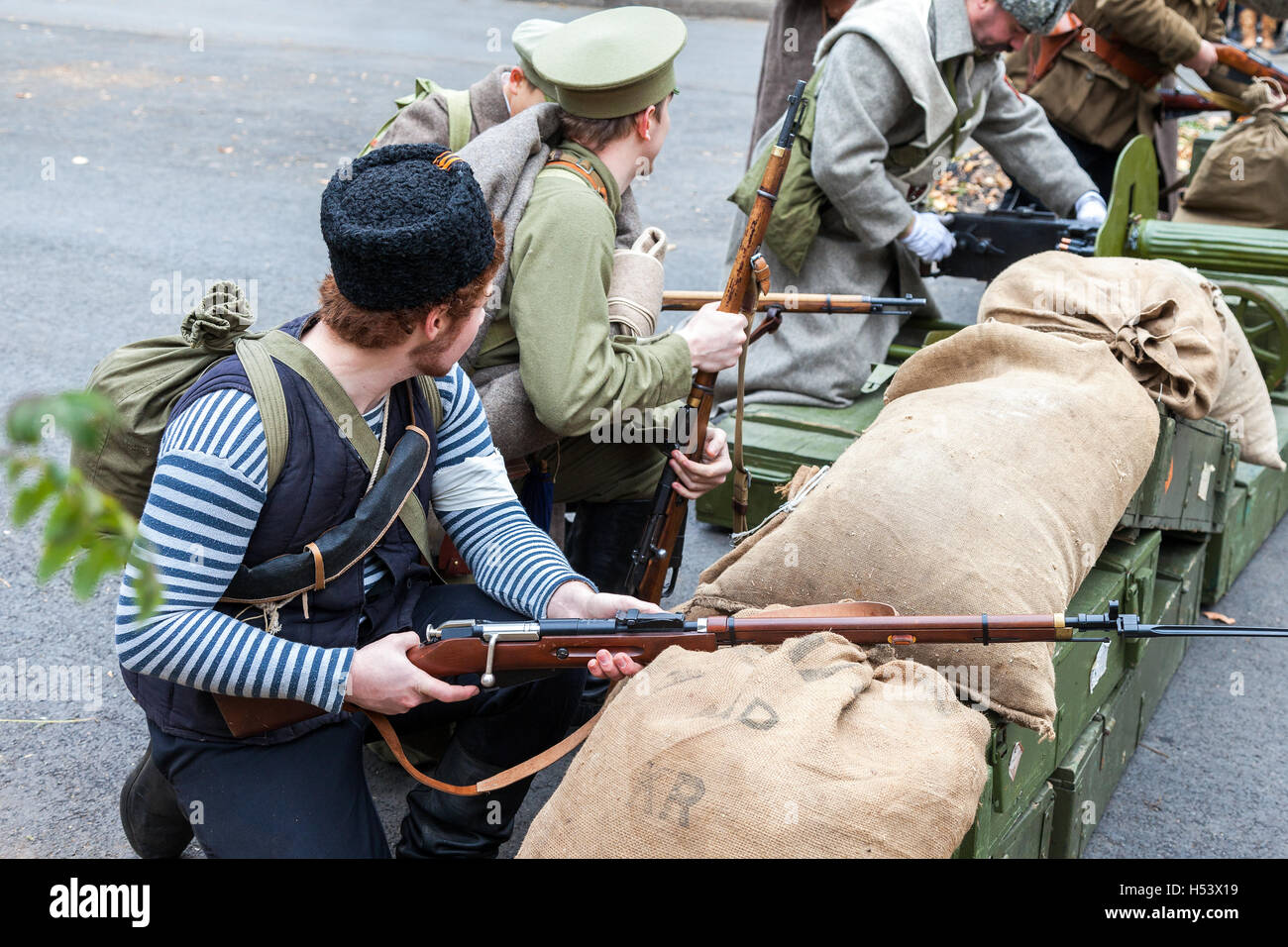 Rievocazione storica le azioni armate della legione cecoslovacca nella Guerra Civile Russa contro autorità bolscevico nel 1918 Foto Stock