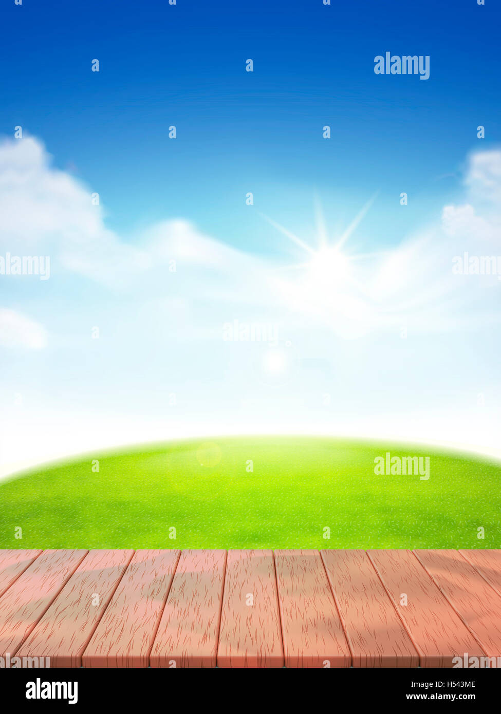 Cielo blu e campo di erba verde, sfondo, rendering 3d piastra di legno Foto Stock