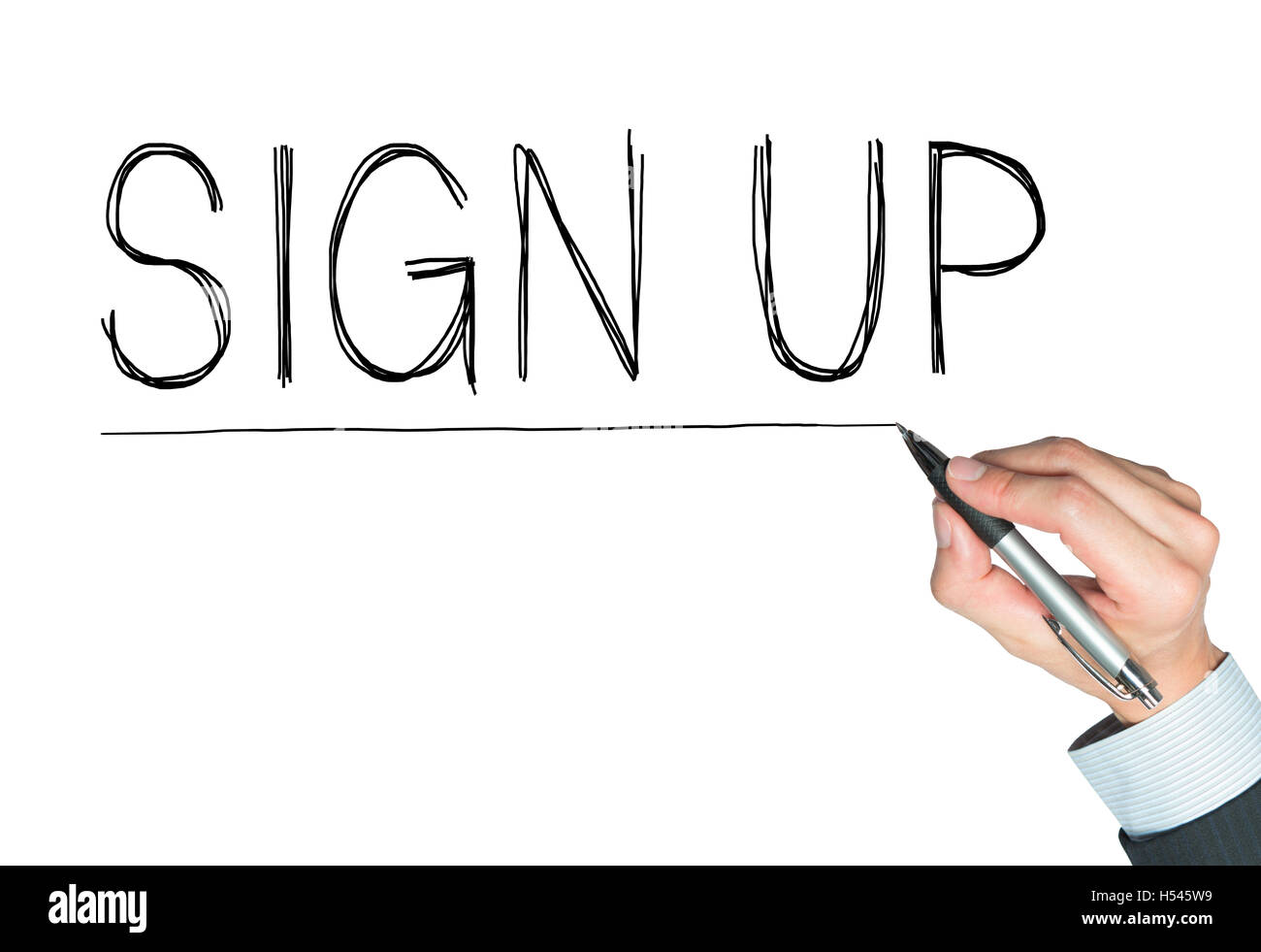 Sign up scritto a mano, la scrittura a mano sul pannello trasparente, foto Foto Stock
