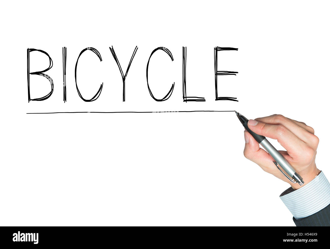Bicicletta scritto a mano, la scrittura a mano sul pannello trasparente, foto Foto Stock