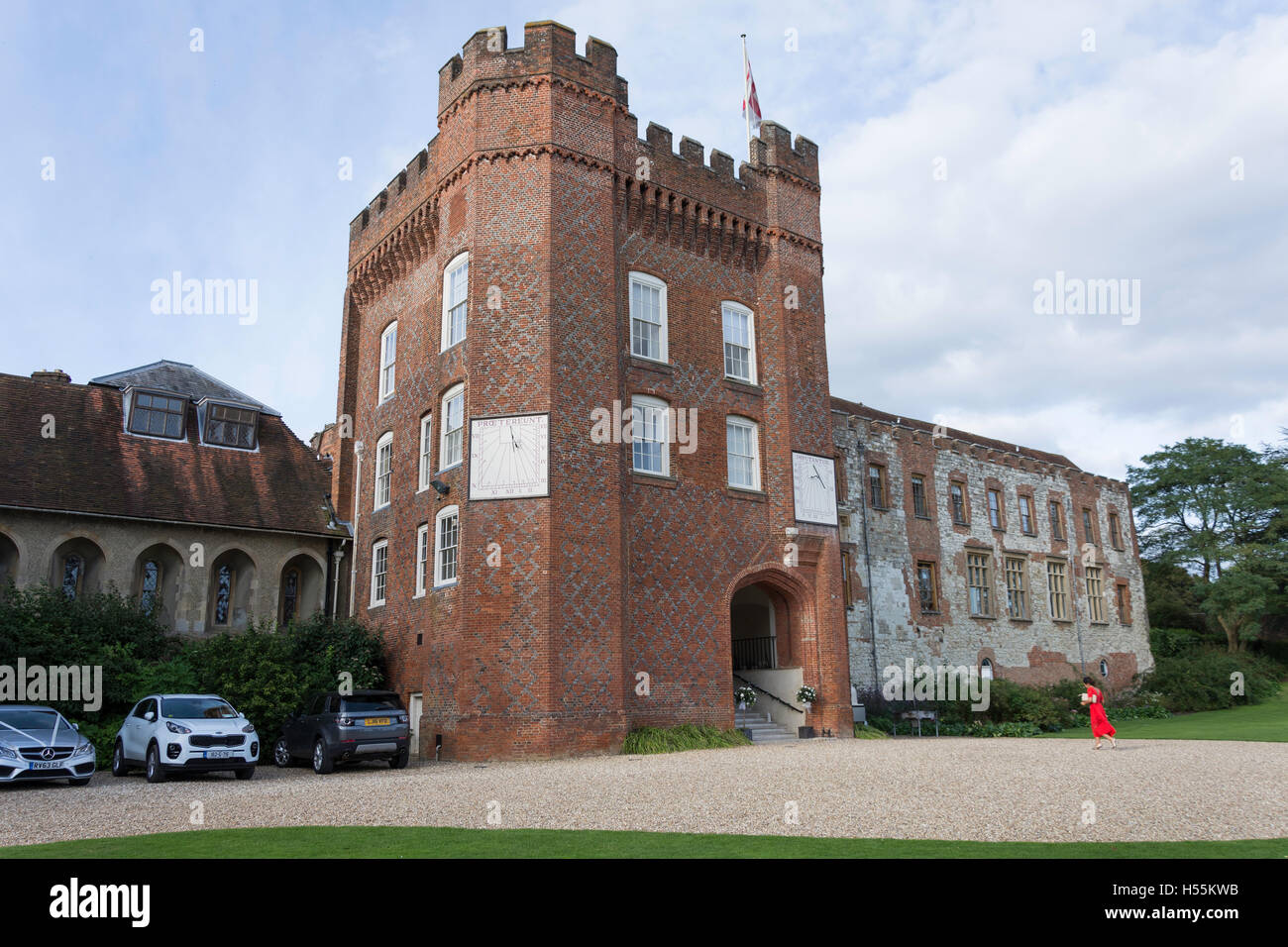 La torre del Palazzo del Vescovo, Farnham Castle, Castle Hill, Farnham, Surrey, England, Regno Unito Foto Stock