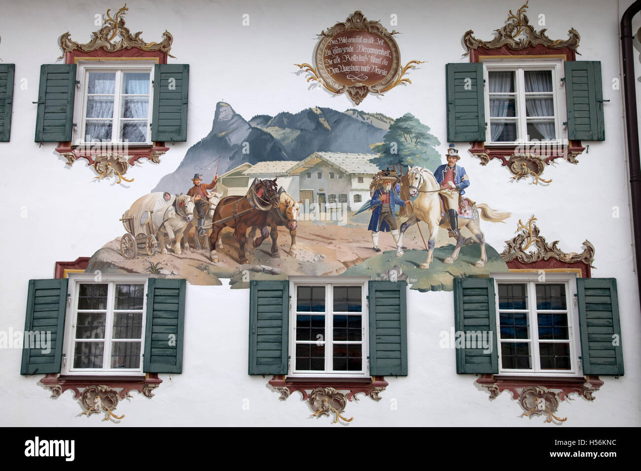 "Lueftlmalerei", tradizionale arte murale, Alte Post Hotel, Oberammergau, Alta Baviera, Baviera Foto Stock