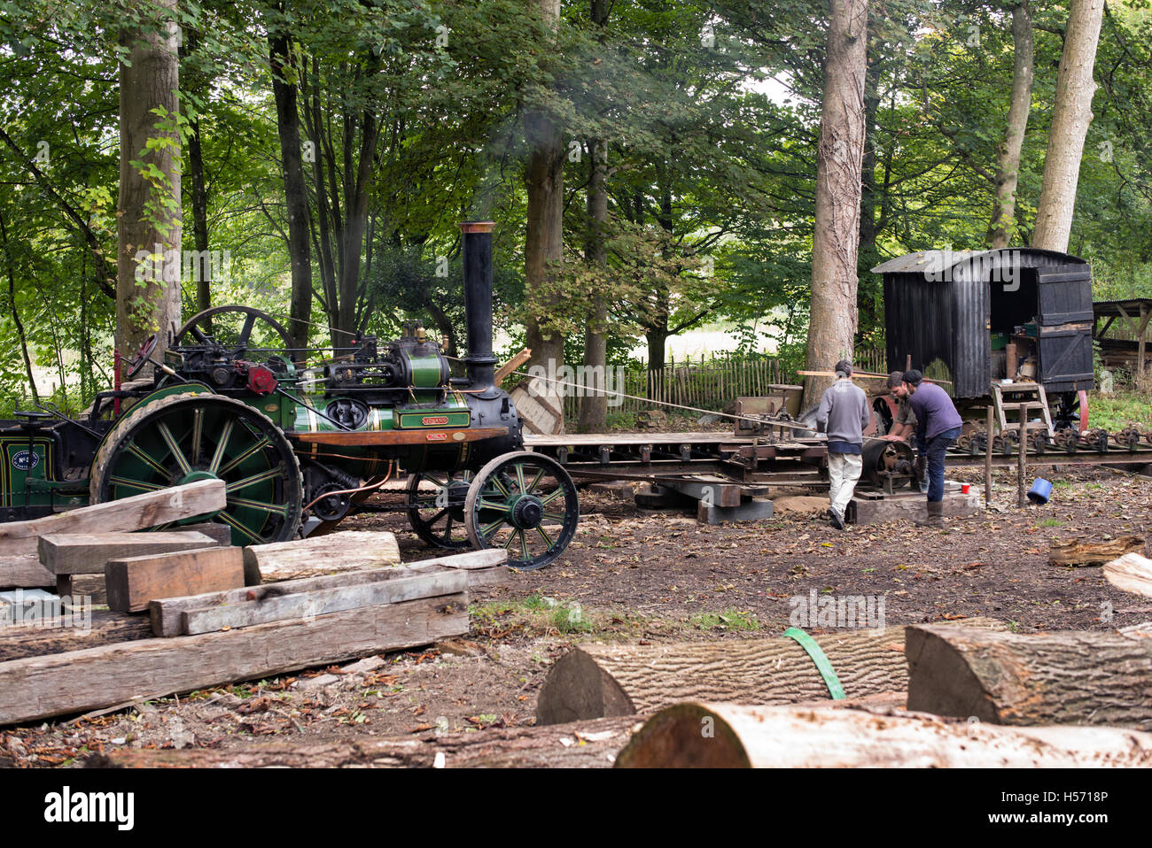 Motore di trazione che alimenta il racksaw in un woodyard a Weald and Downland Open Air Museum, Singleton, Sussex, Inghilterra Foto Stock