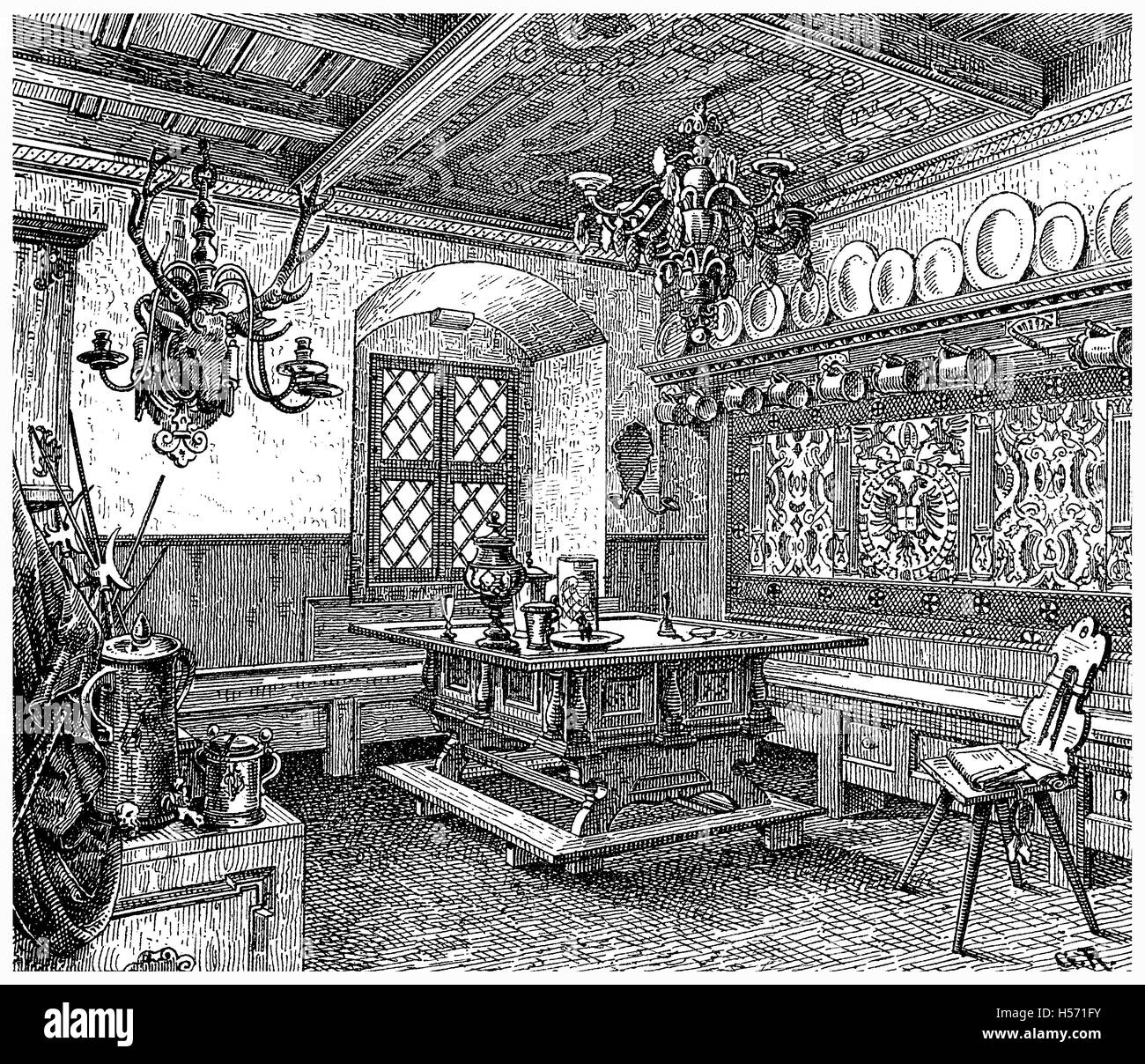 XVI secolo incisione vintage, paese tavern lounge a Breslavia, Germania Foto Stock