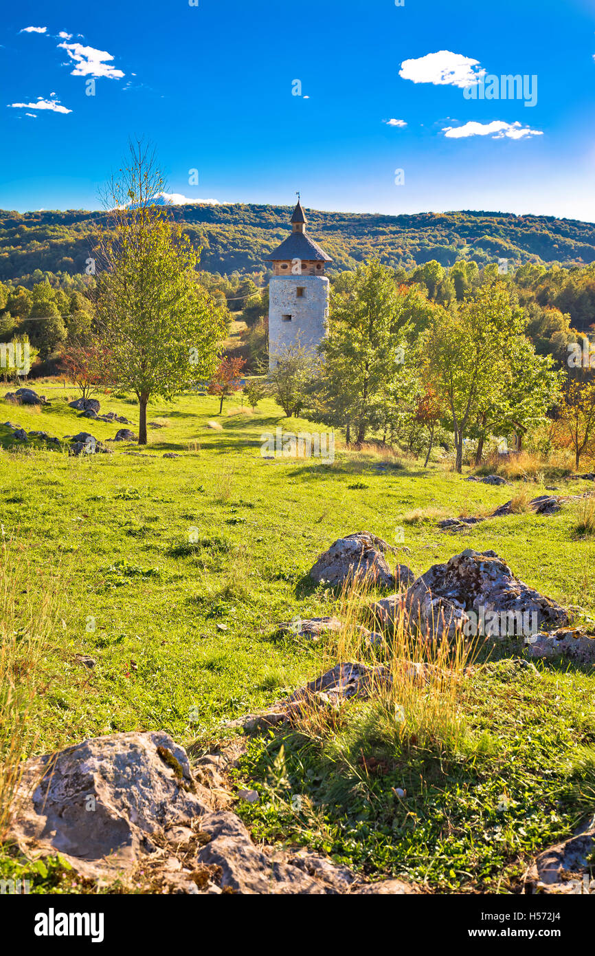 Dreznik Grad torre in Korana canyon, il parco nazionale dei laghi di Plitvice di Croazia Foto Stock
