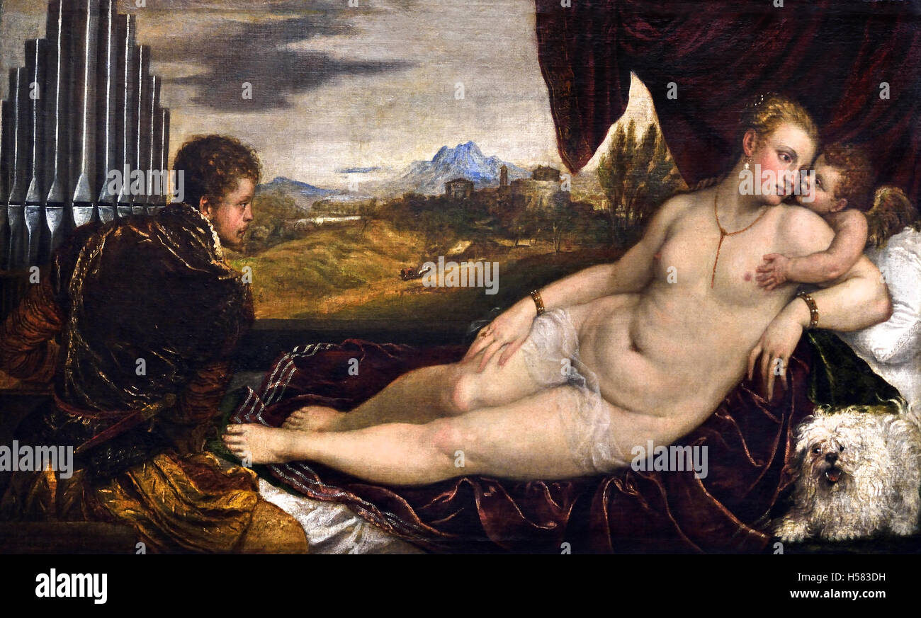 Venere con il lettore di organo 1550 da Tiziano - Tiziano Vecelli o Tiziano Vecellio1490 - 1576) Tiziano pittore italiano del XVI secolo di scuola veneta Venezia Italia Foto Stock