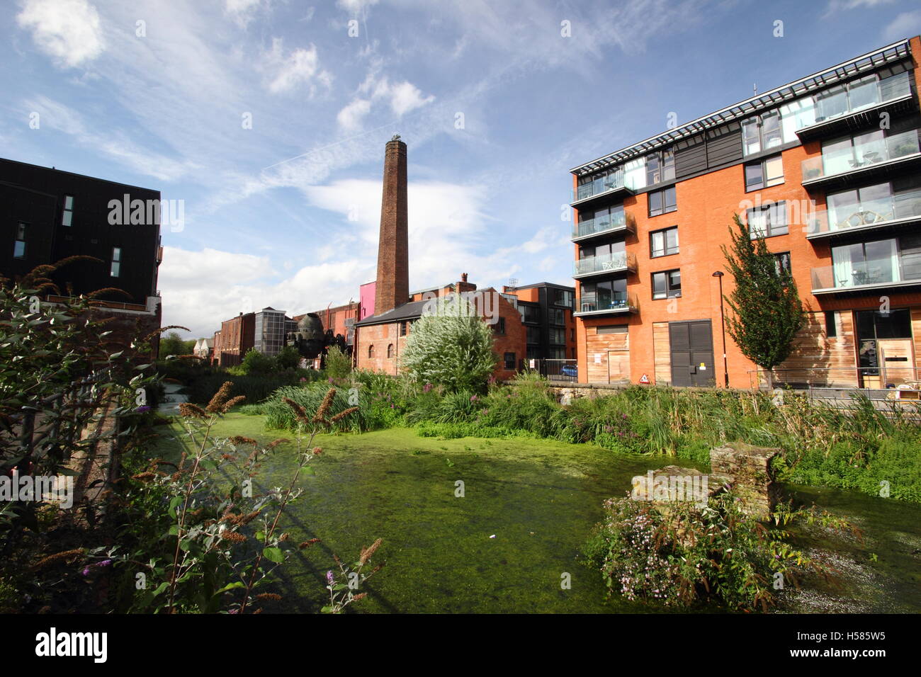 Fiume Don fluisce attraverso Kelham Island, un ex quartiere industriale di Sheffield, in Inghilterra che è in fase di riconversione - 2016 Foto Stock